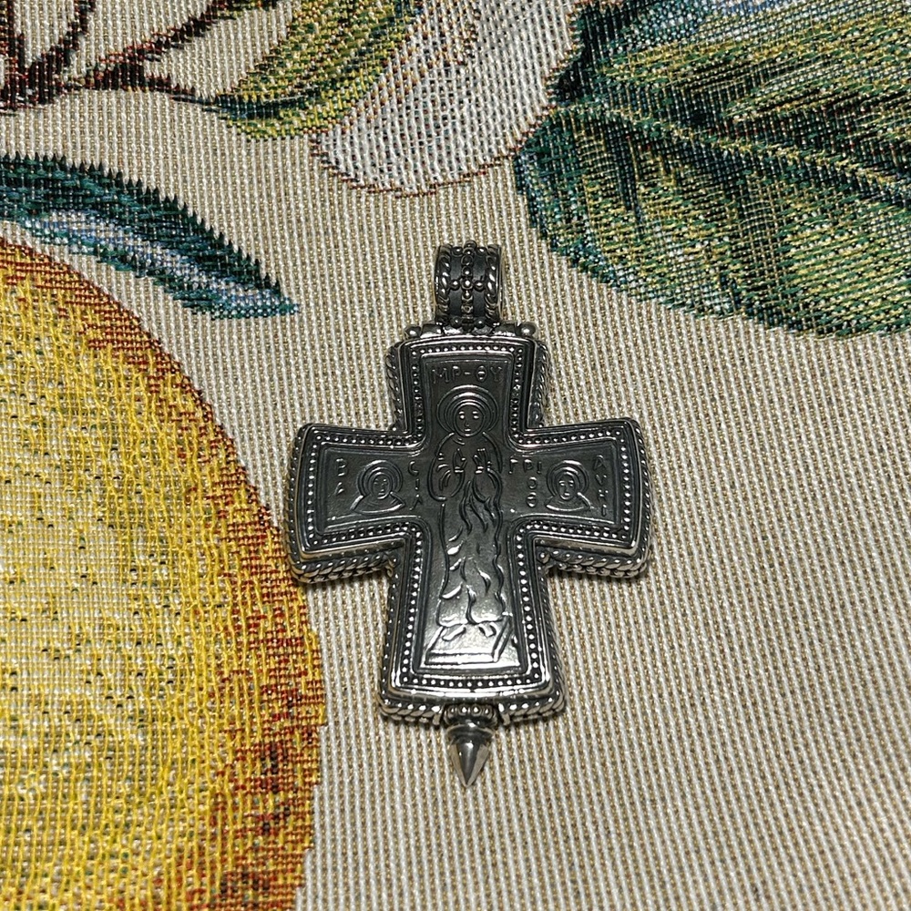 Konstantino Greece Sterling Silver 925 Etched Mother of God Cross Pendant
